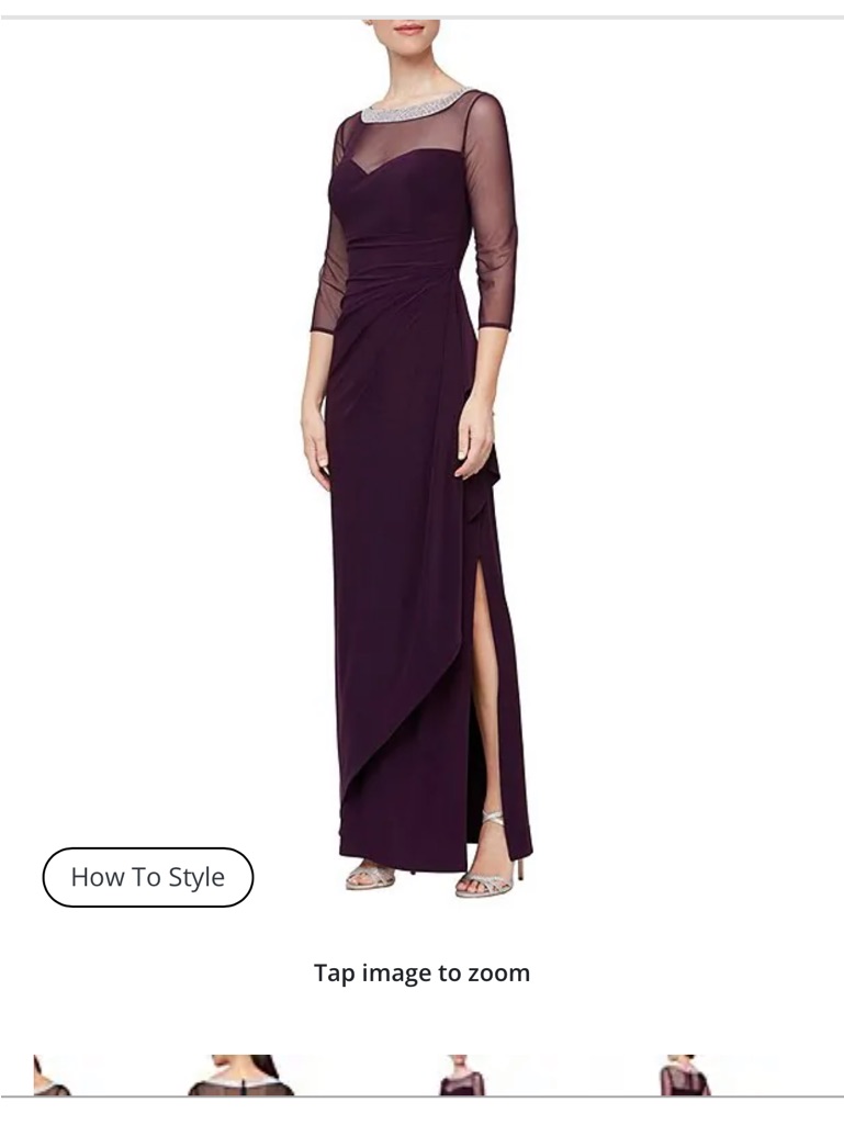 Alex Evenings Plum Long Sheath Dress With Illusion Mesh And Embellished Neck